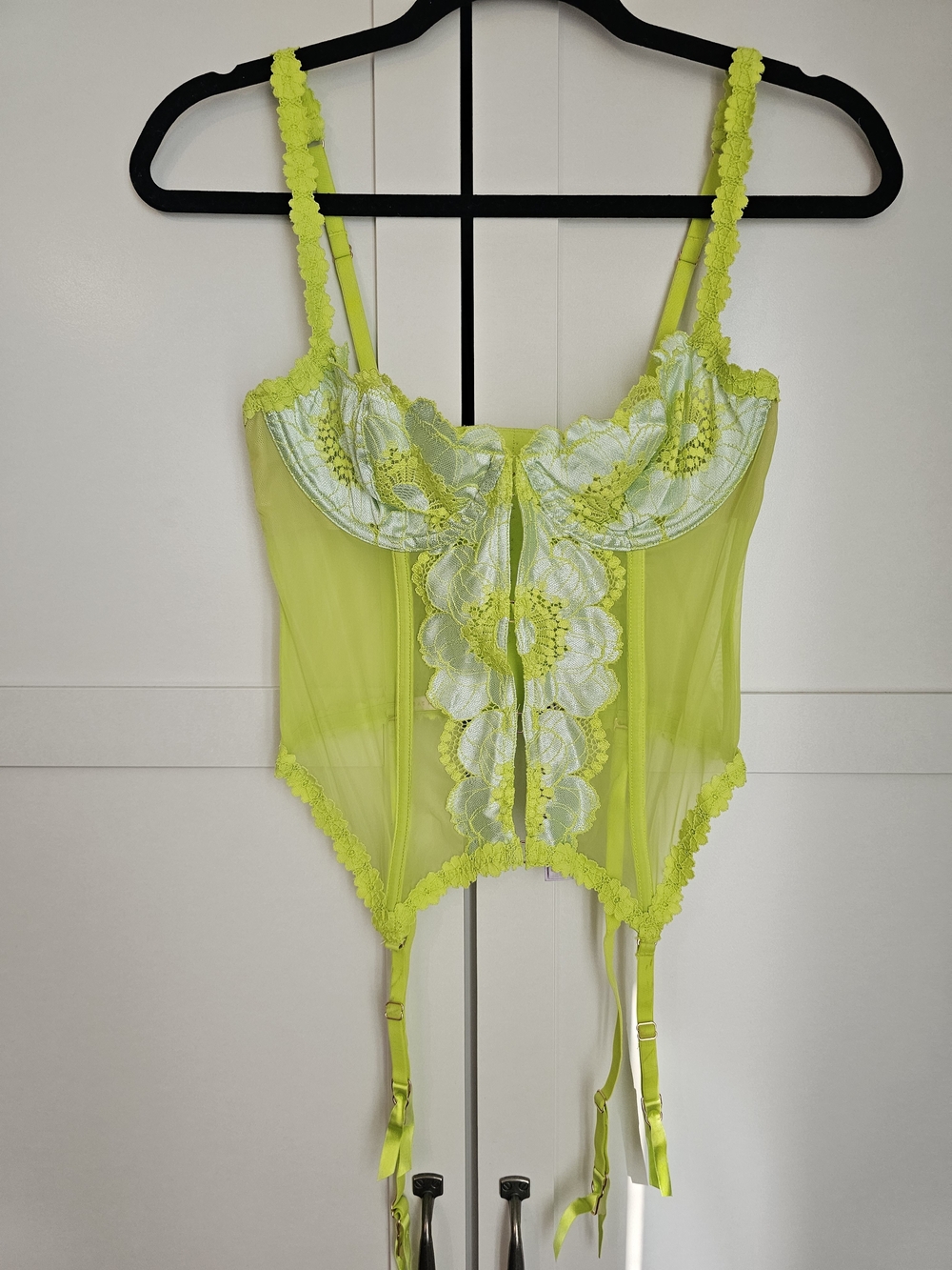 Savage X Fenty Neon Lime Green Mesh & Lace Corset Bustier Top with Garters M